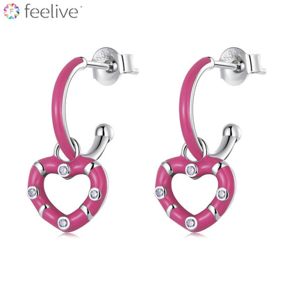 Hot Pink Heart Enamel Zircon Hoop Earrings in Sterling Silver - Feelive