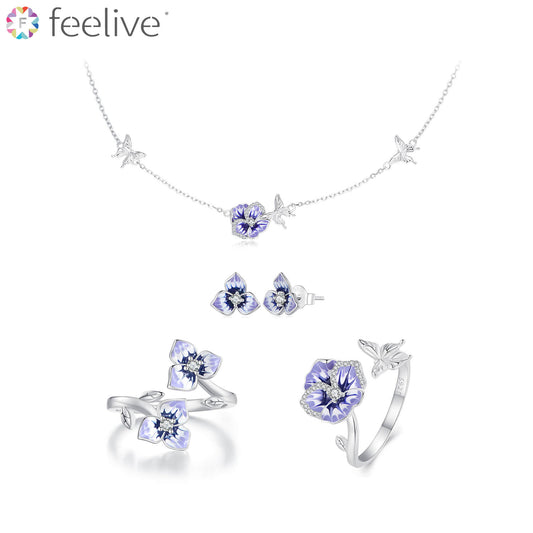 Beautiful Pansy Enamel Zirconia Jewelry Set in Sterling Silver - Feelive