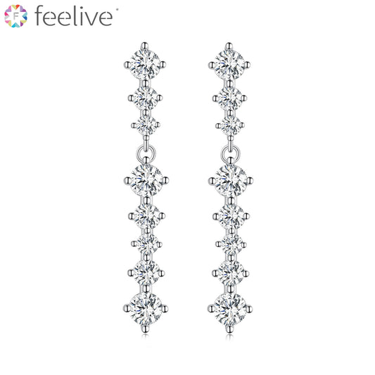 Round Gem Linear Drop Zircon Earrings in Sterling Silver - Feelive