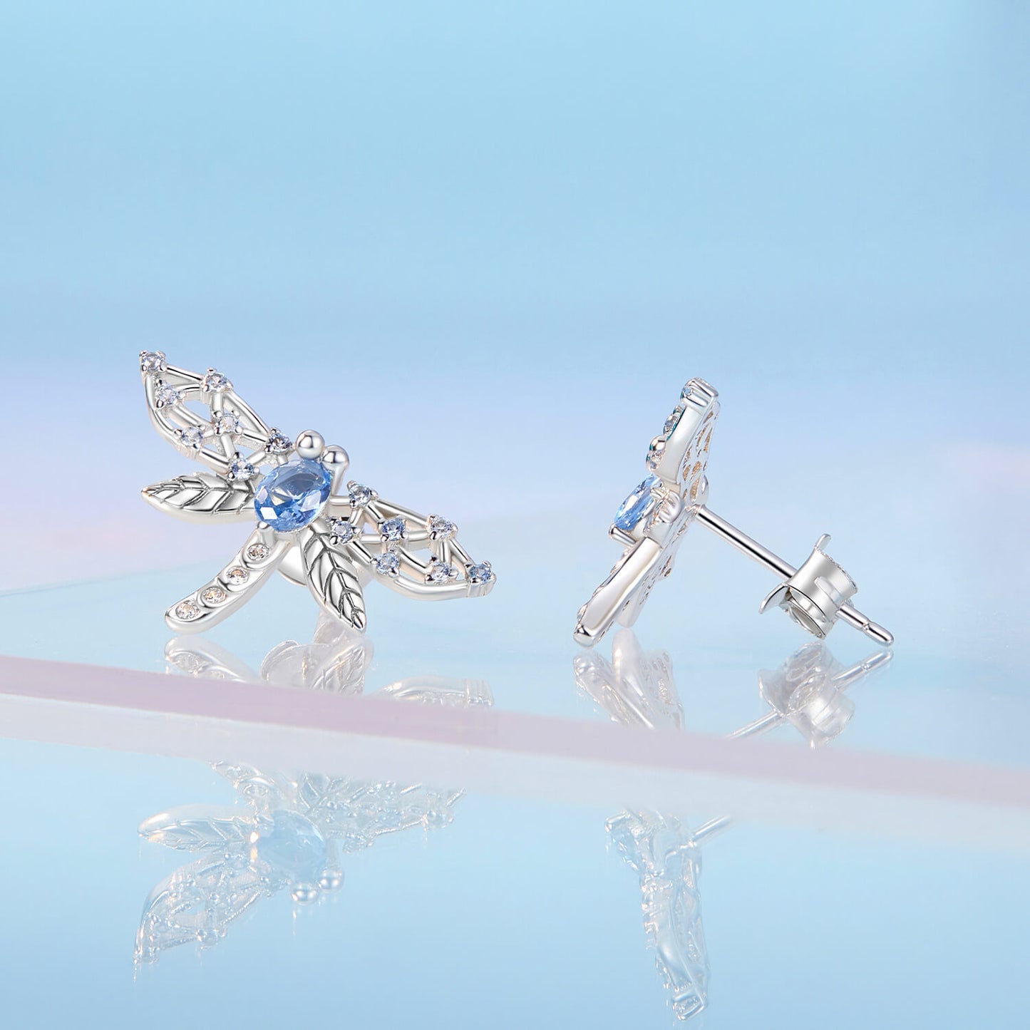 Dreamy Blue Dragonfly Synthetic Spinel Earrings in Sterling Silver front and side