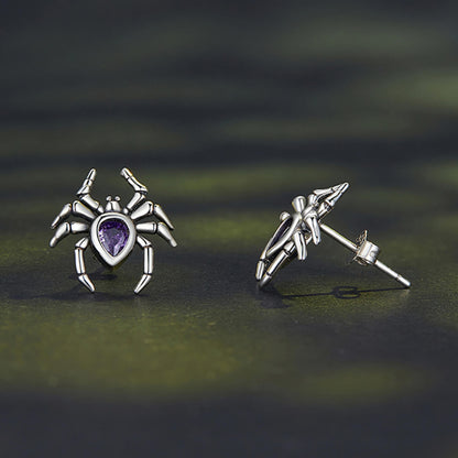 Mystery Purple Spider Zircon Earrings in Sterling Silver front and side