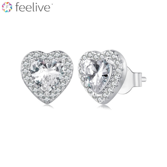 Classic Halo Heart Zircon Earrings in Sterling Silver - Feelive