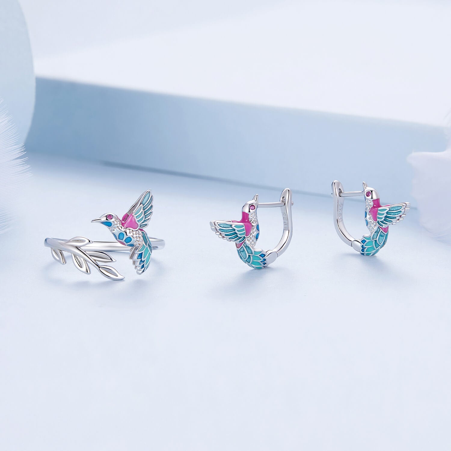 Elegant Kingfisher Enamel Zircon Jewelry Set in Sterling Silver