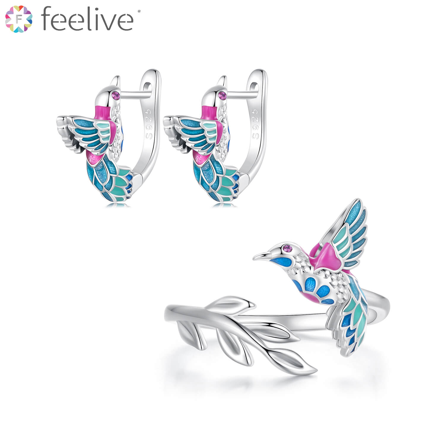 Elegant Kingfisher Enamel Zircon Jewelry Set in Sterling Silver - Feelive