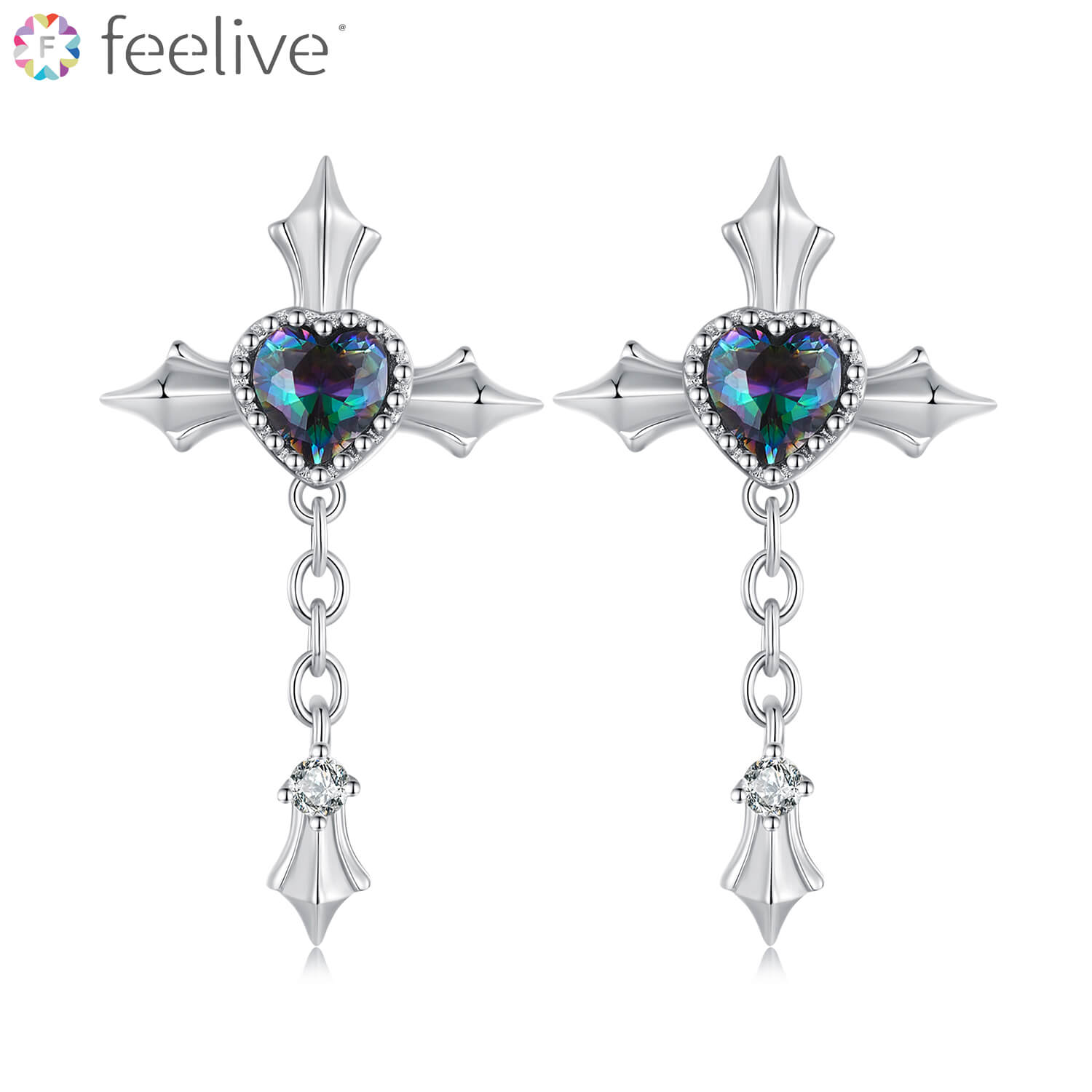 Blue Heart Cross Tassel Gems Earrings in Sterling Silver - Feelive