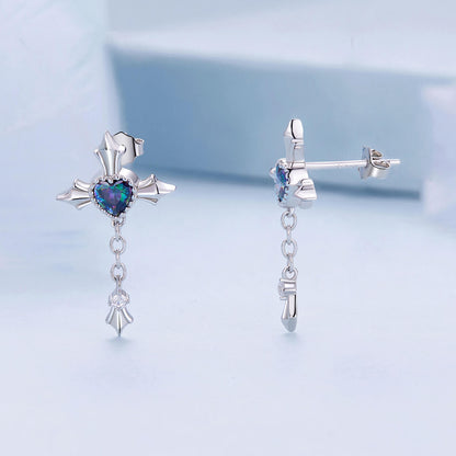 Blue Heart Cross Tassel Gems Earrings in Sterling Silver front and side