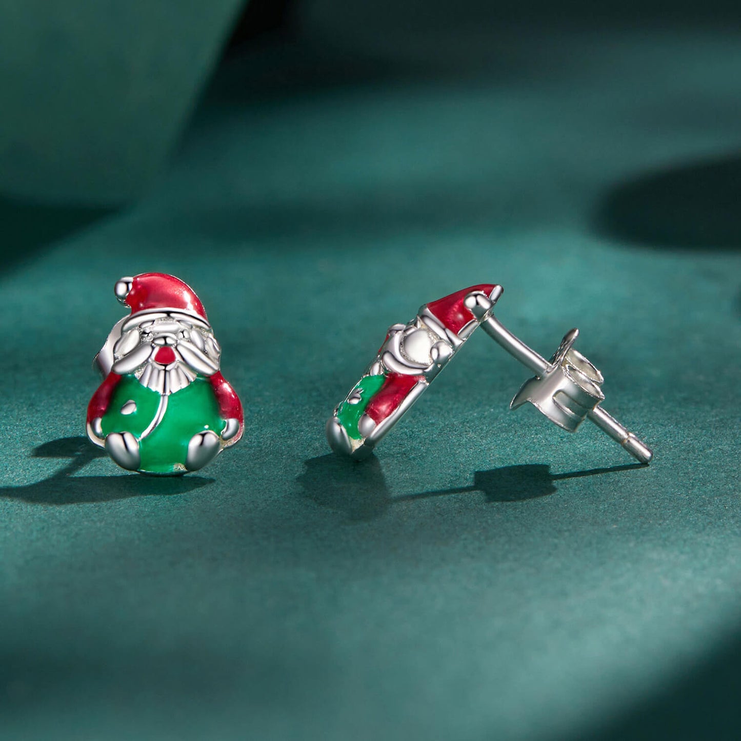 Glow-in-the-dark Santa Claus Enamel Earrings in Sterling Silver front and side