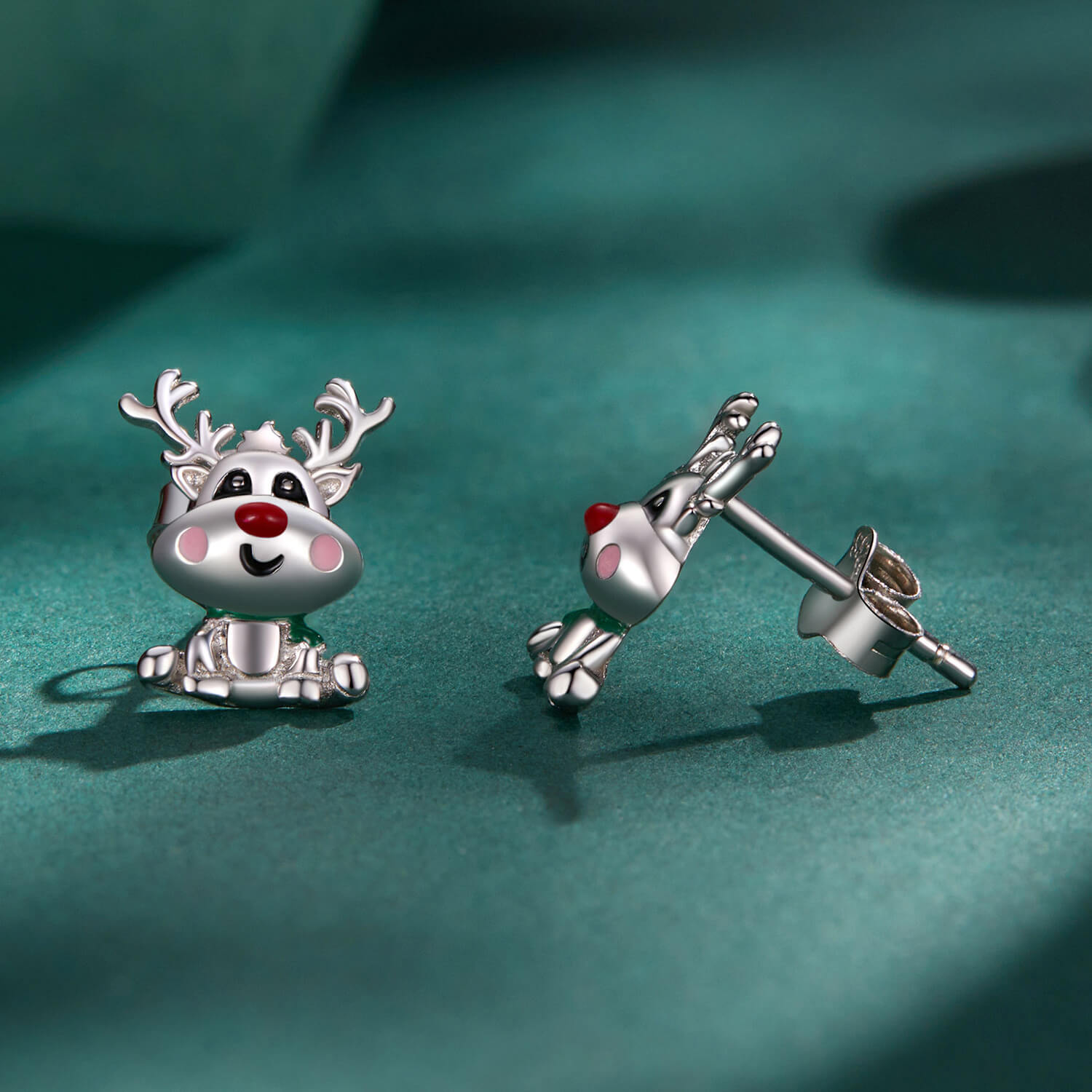 Christmas Reindeer Enamel Stud Earrings in Sterling Silver front and side