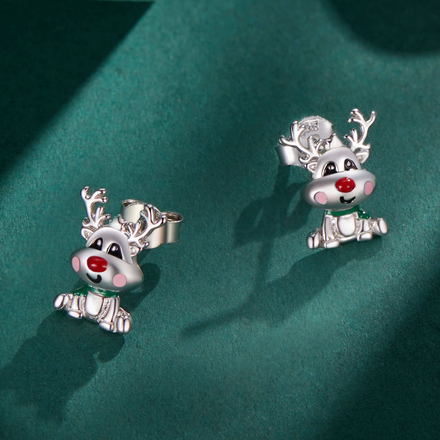 Christmas Reindeer Enamel Stud Earrings in Sterling Silver front