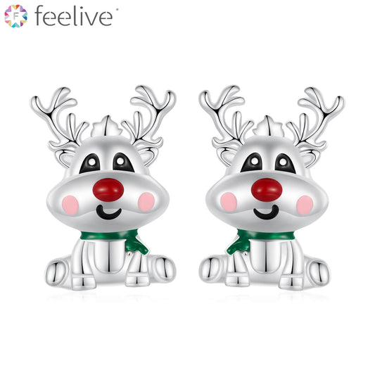 Christmas Reindeer Enamel Stud Earrings in Sterling Silver - Feelive