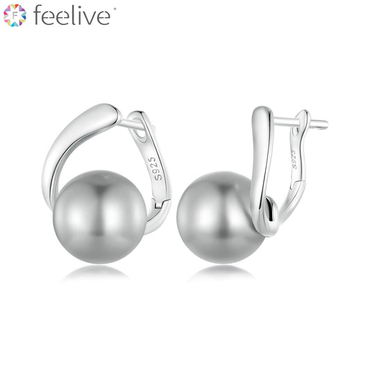 Elegant Curve Shell Pearl Huggie Earrings in Sterling Silver - Feelive