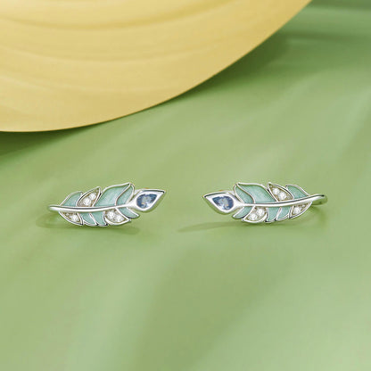 Green Forest Feather Enamel Zircon Earrings in Sterling Silver front