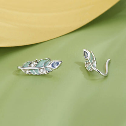 Green Forest Feather Enamel Zircon Earrings in Sterling Silver front and side