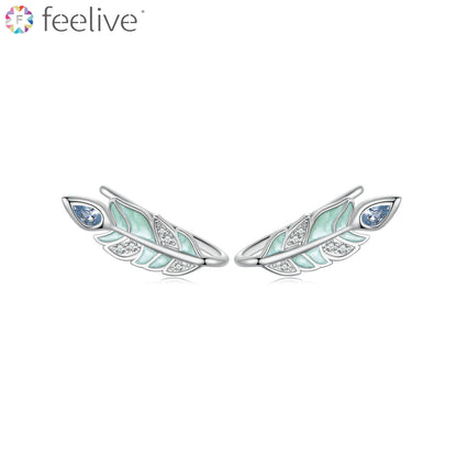 Green Forest Feather Enamel Zircon Earrings in Sterling Silver - Feelive