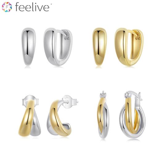 Minimalist Two-tone Twisted Huggie Earrings Set in Sterling Silver - Feelive