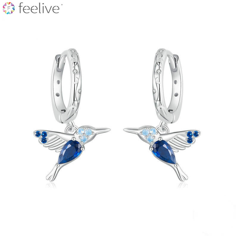 Elegant Blue Hummingbird Huggie Earrings in Sterling Silver - Feelive