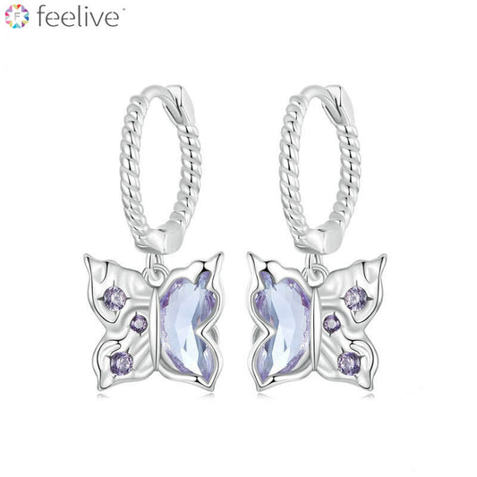 Sweet Purple Butterfly Huggie Earrings in Sterling Silver - Feelive