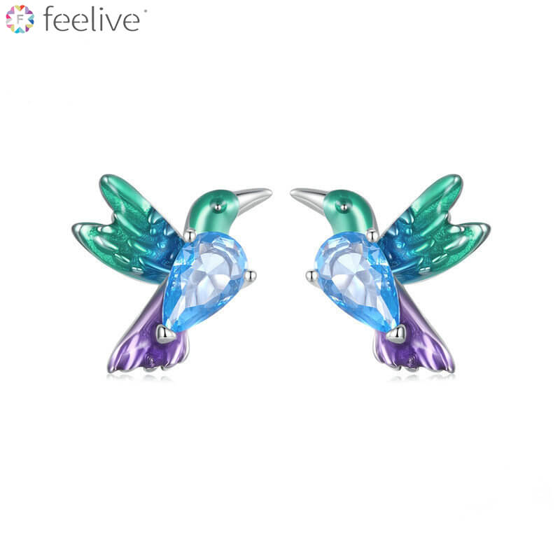 Colorful Bird Enamel Stud Earrings in Sterling Silver - Feelive