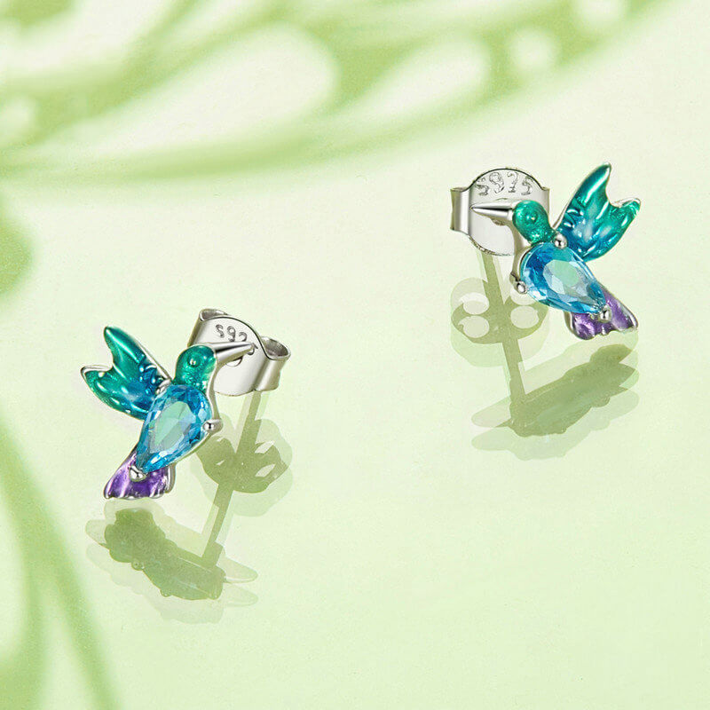 Colorful Bird Enamel Stud Earrings in Sterling Silver - front