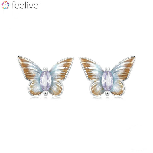 Fantasy Butterfly Enamel Stud Earrings in Sterling Silver - Feelive