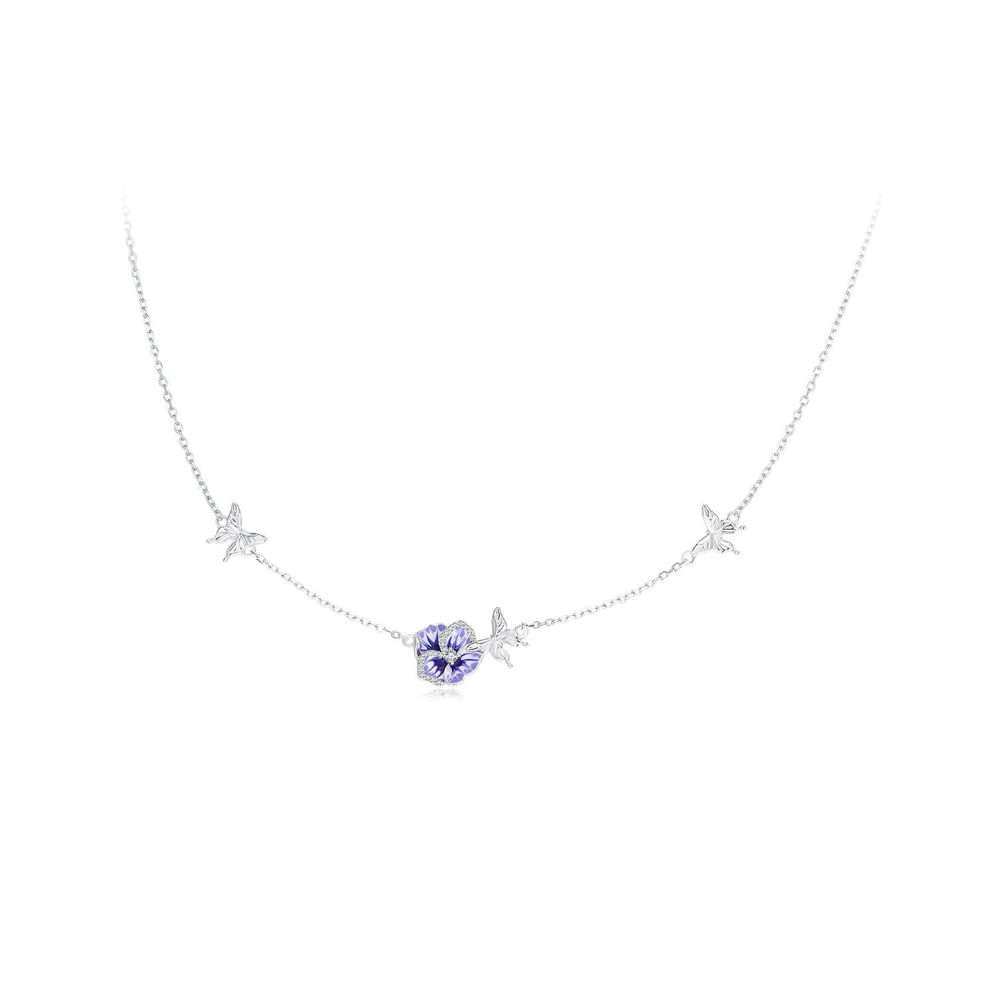 Beautiful Pansy Enamel Zirconia Jewelry Set in Sterling Silver necklace