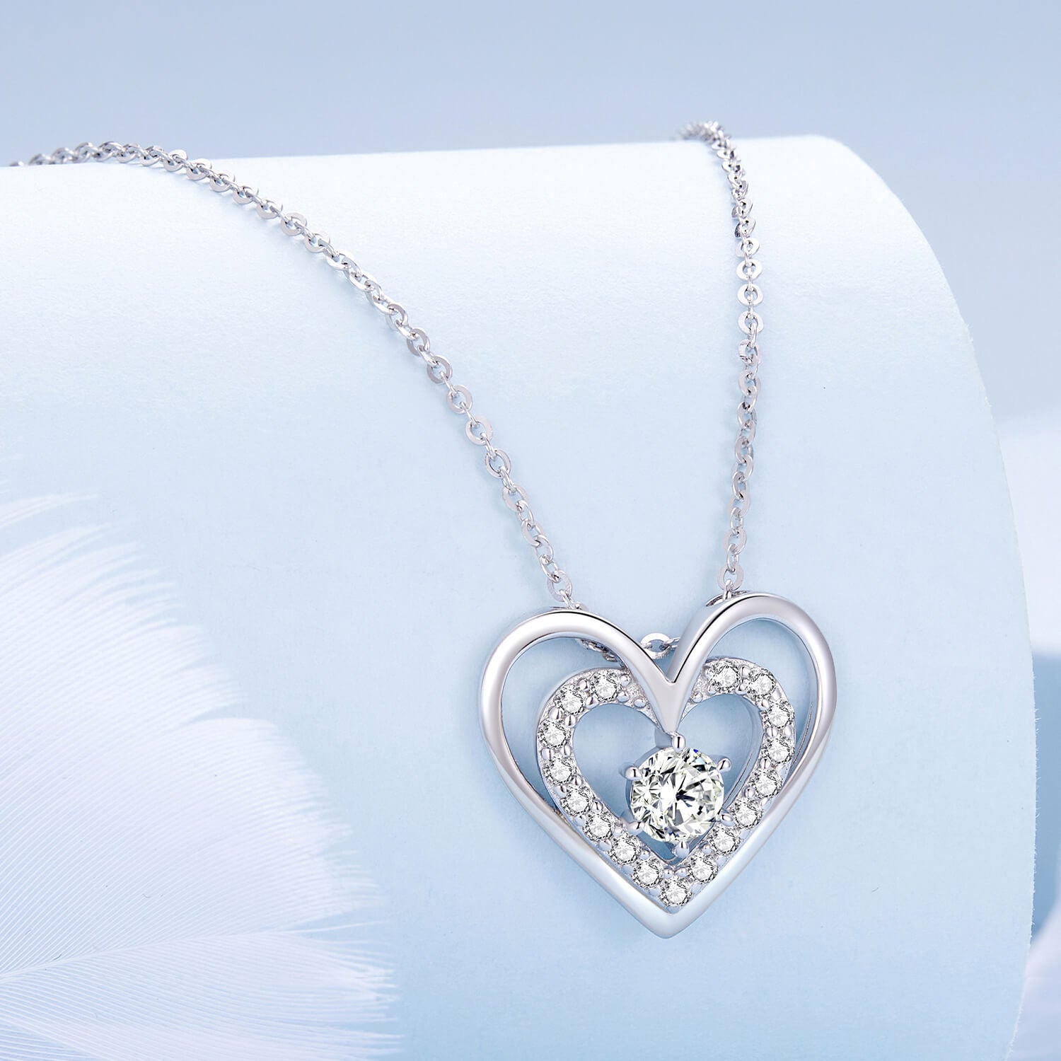 Sparkling Double Hearts Zirconia Jewelry Set in Sterling Silver necklace front