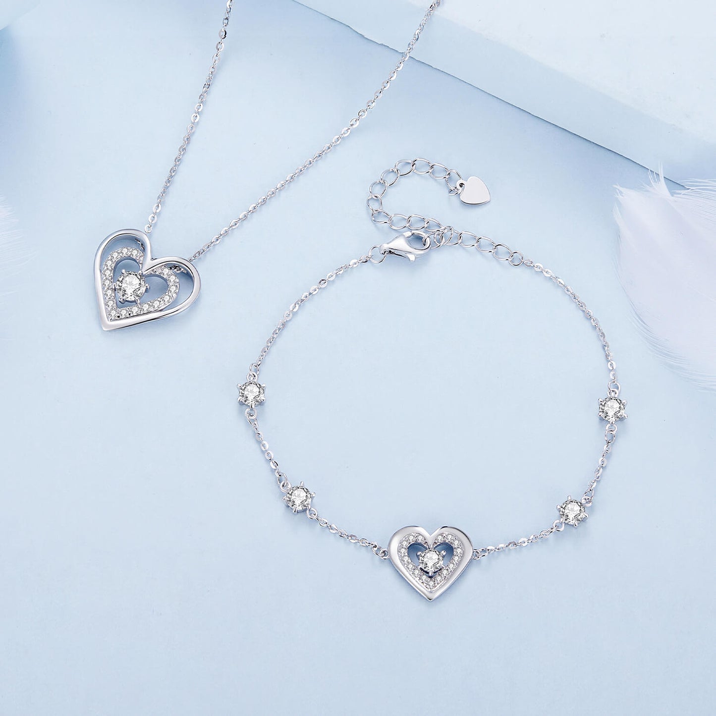 Sparkling Double Hearts Zirconia Jewelry Set in Sterling Silver