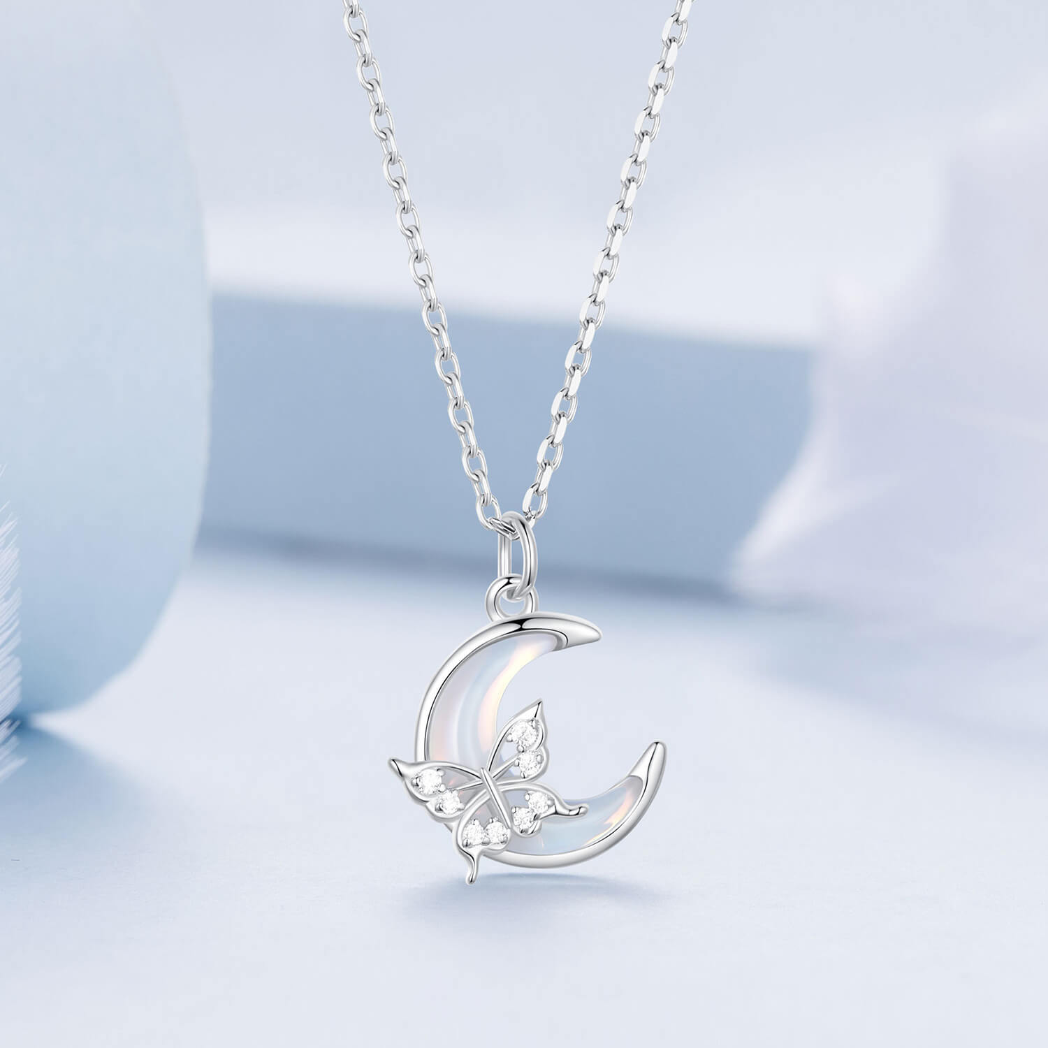 Moon Butterfly Resin Zircon Necklace in Sterling Silver front