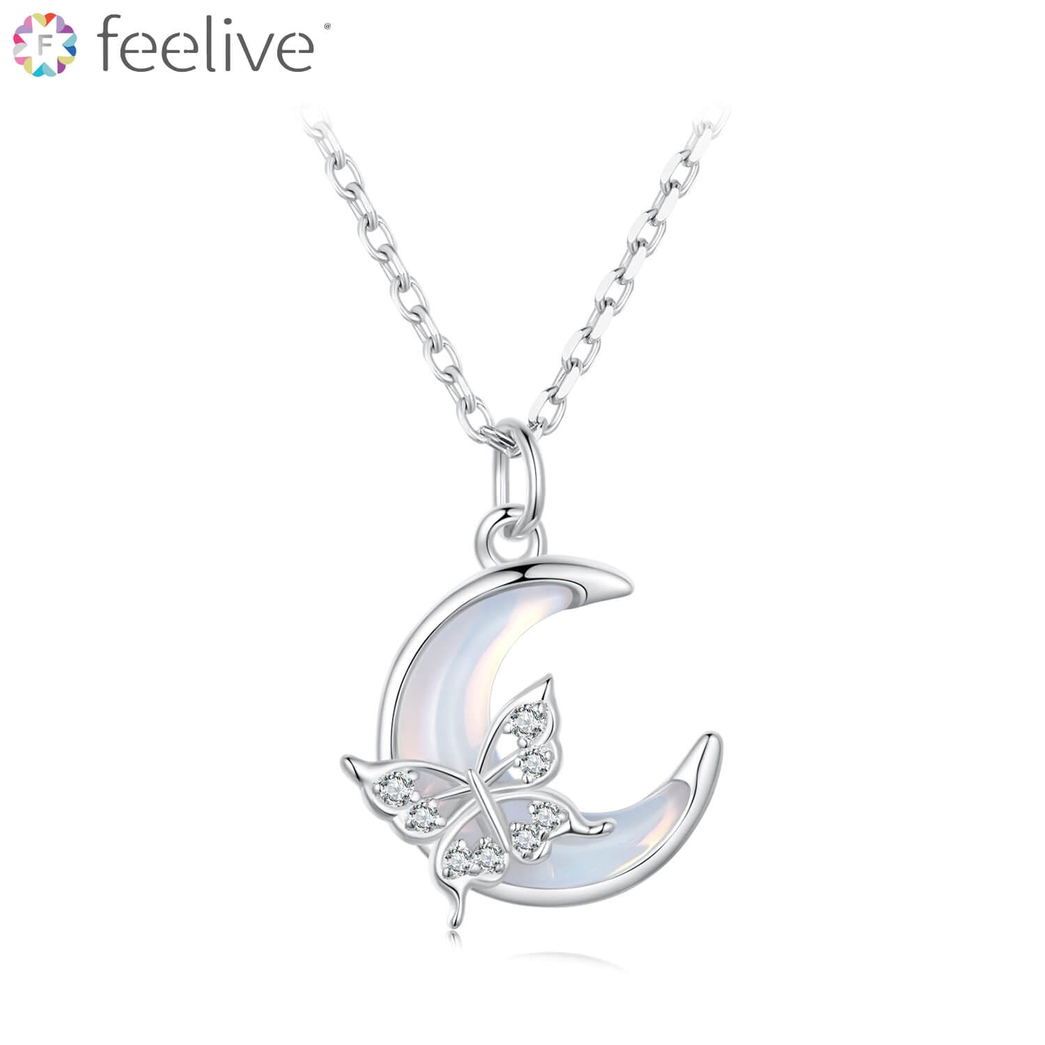 Moon Butterfly Resin Zircon Necklace in Sterling Silver - Feelive