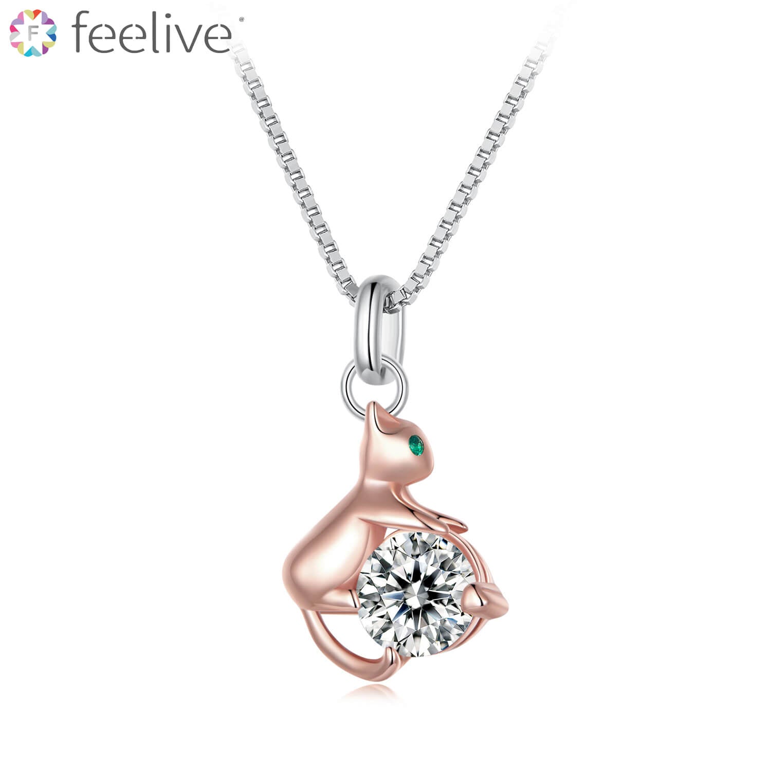 Cute Rose Gold Cat Zircon Necklace in Sterling Silver - Feelive