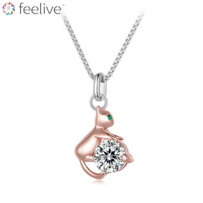 Cute Rose Gold Cat Zircon Necklace in Sterling Silver - Feelive