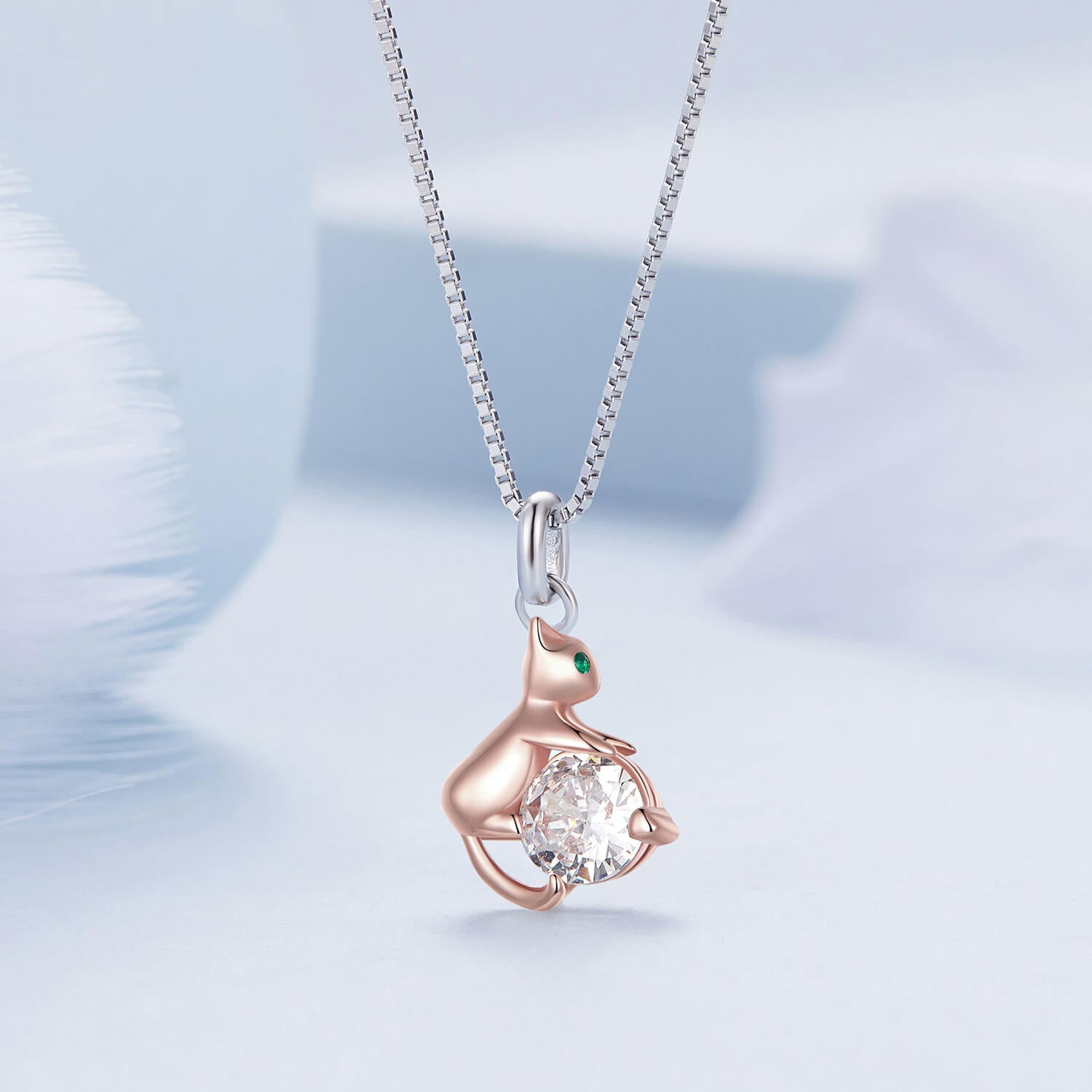 Cute Rose Gold Cat Zircon Necklace in Sterling Silver front