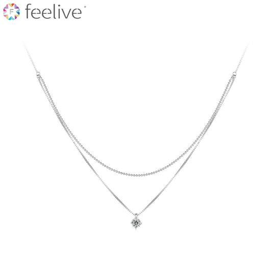 Solitaire Gem Double Layer Necklace in Sterling Silver - Feelive