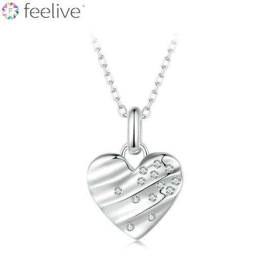 Wave Light Texture Heart Zircon Necklace in Sterling Silver - Feelive