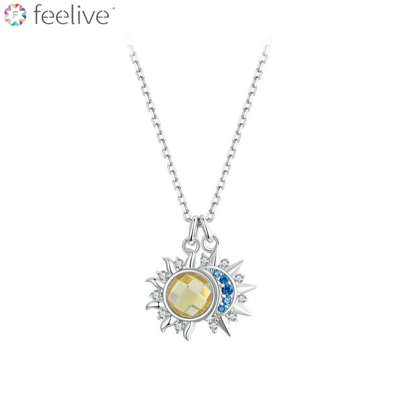 Fashion Sun and Moon Pendant Necklace in Sterling Silver - Feelive