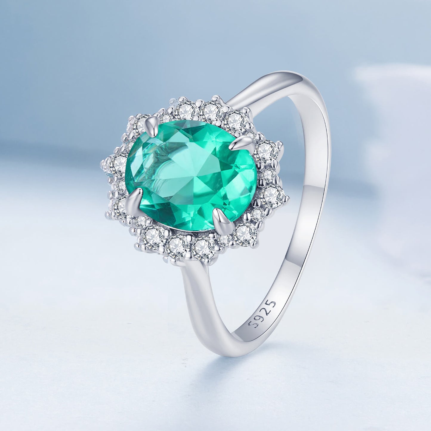 Oval Gem Green Lake Gem Ring in Sterling Silver stand