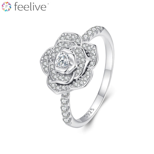 Blooming White Rose Zirconia Ring in Sterling Silver - Feelive