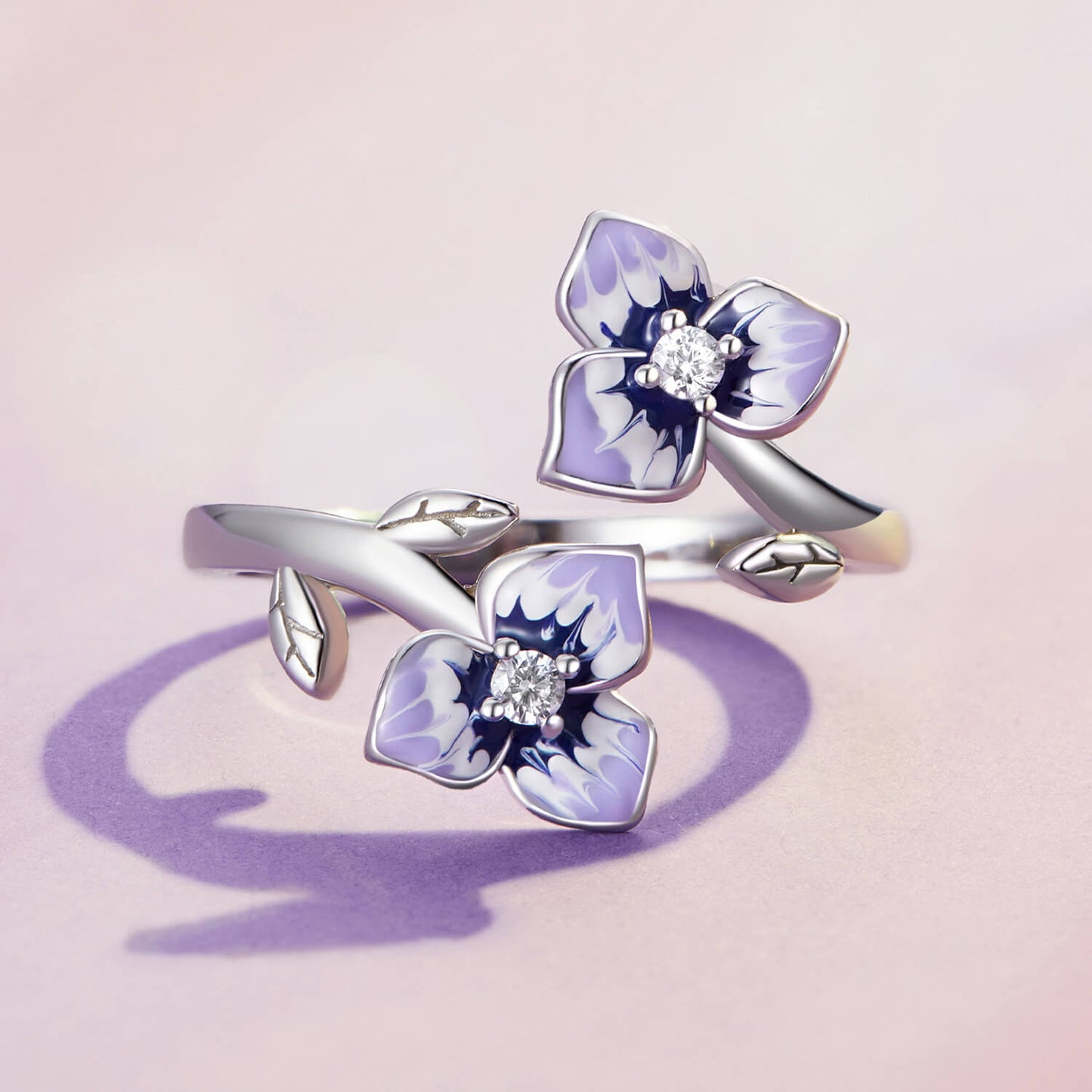 Beautiful Pansy Enamel Zirconia Jewelry Set in Sterling Silver pansy ring front