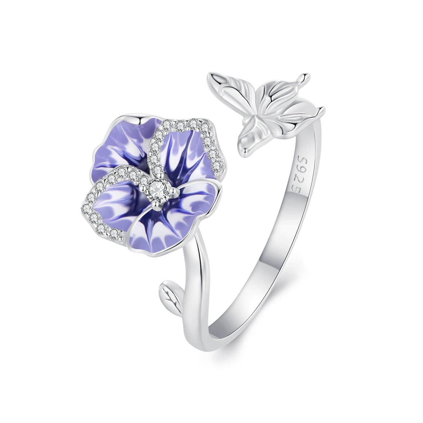 Beautiful Pansy Enamel Zirconia Jewelry Set in Sterling Silver pansy and butterfly ring