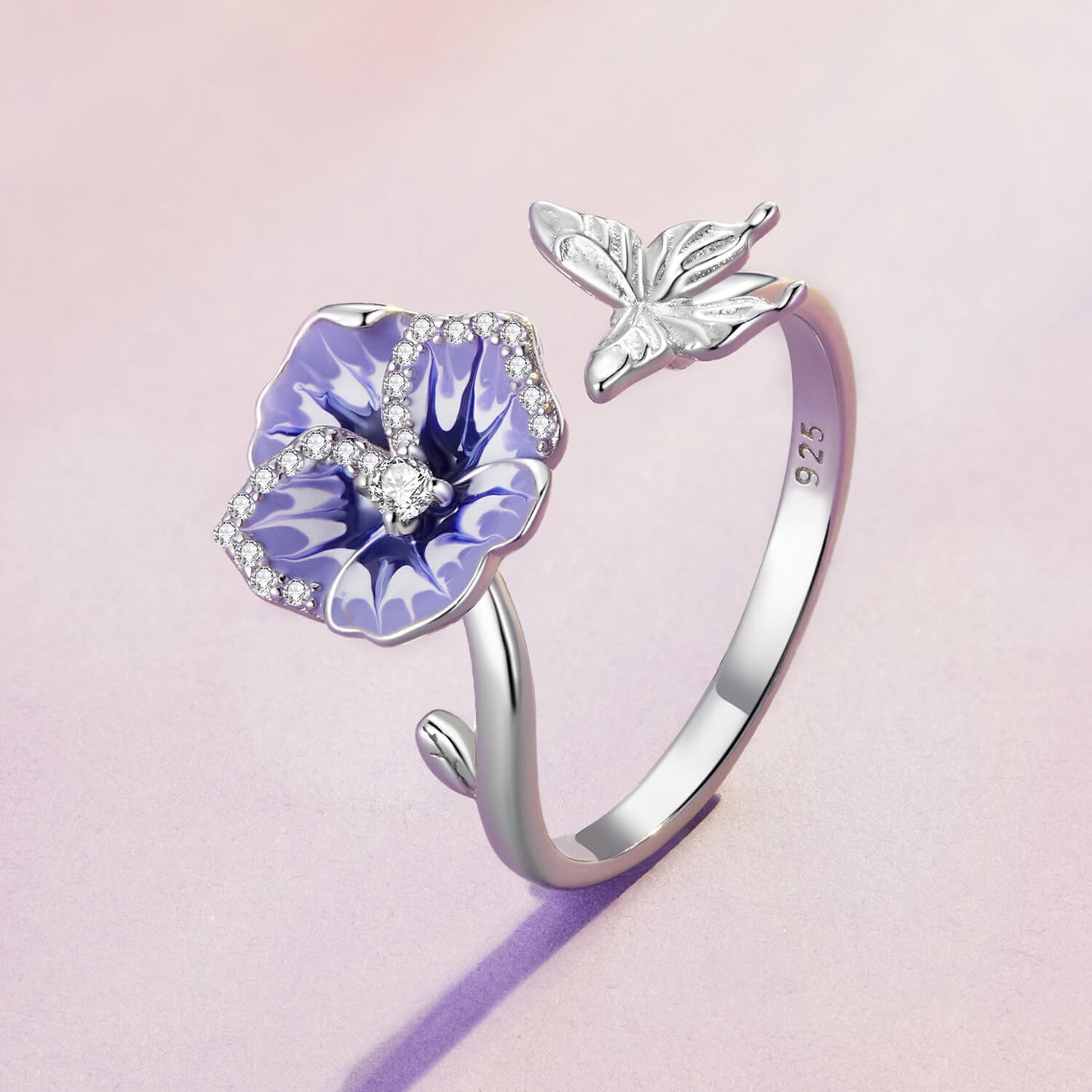 Beautiful Pansy Enamel Zirconia Jewelry Set in Sterling Silver pansy and butterfly ring stand