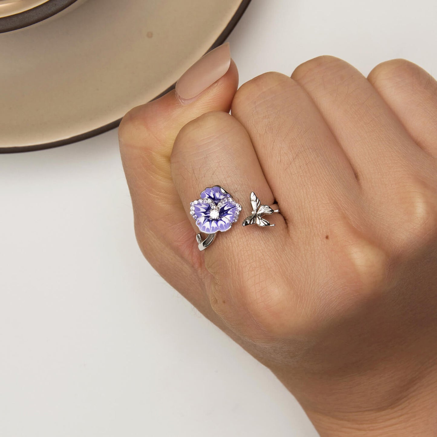 Beautiful Pansy Enamel Zirconia Jewelry Set in Sterling Silver pansy and butterfly ring model