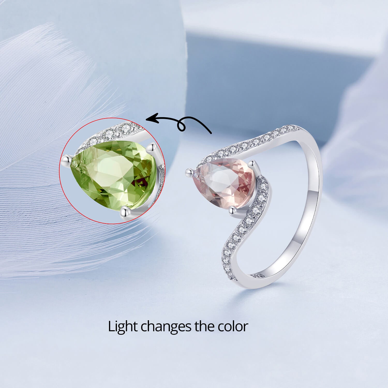 Light-sensitive Pear Glass Zircon Ring in Sterling Silver change