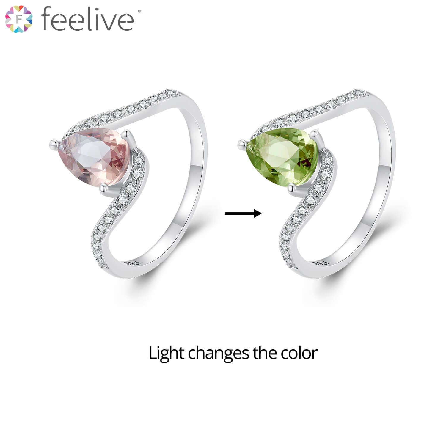 Light-sensitive Pear Glass Zircon Ring in Sterling Silver - Feelive