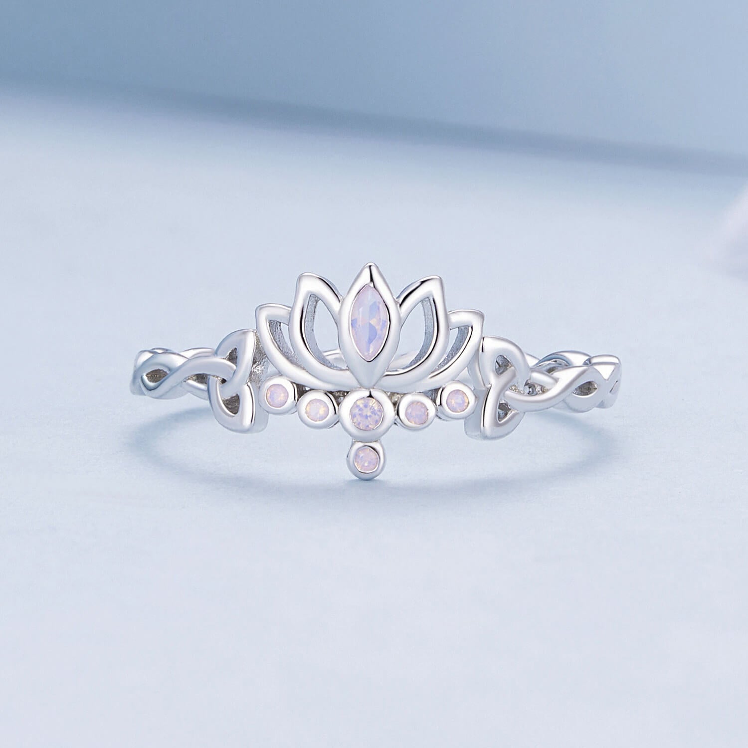 Lotus and Celtic Knots Nano Opal Ring in Sterling Silver front