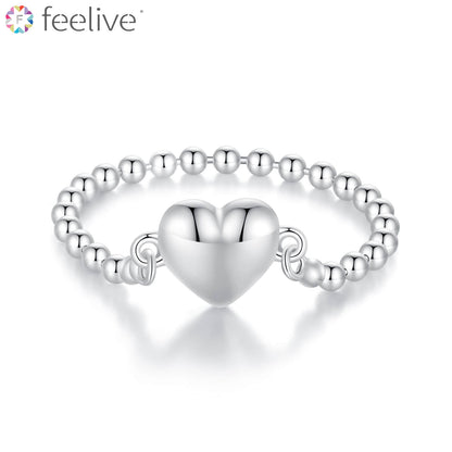 Heart Beaded Chain Ring in Sterling Silver - Feelive