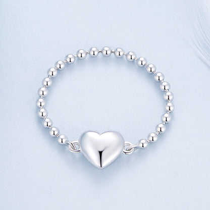 Heart Beaded Chain Ring in Sterling Silver 