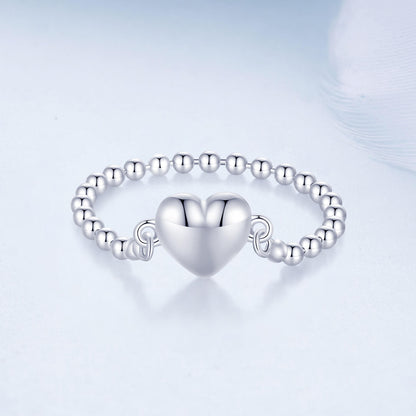 Heart Beaded Chain Ring in Sterling Silver front