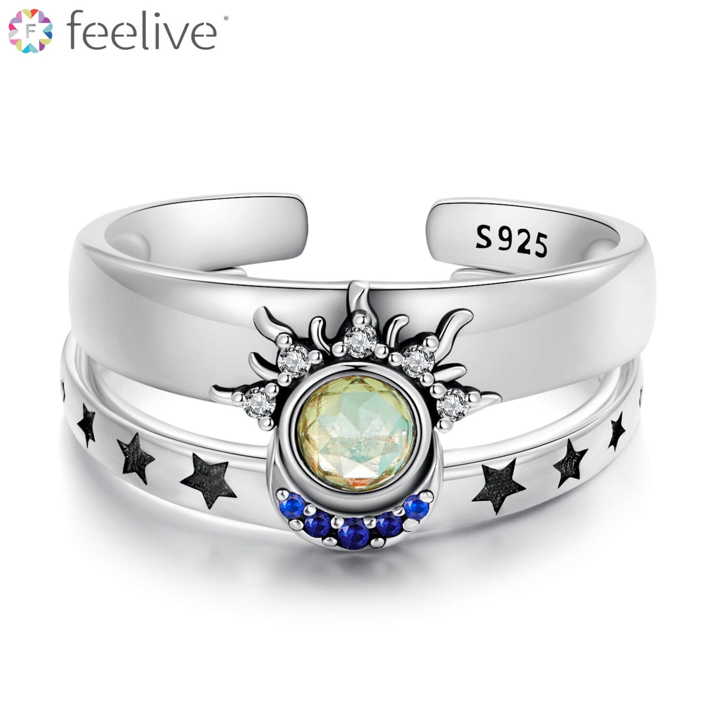 Sun and Moon Matching Gems Couple Rings Set in Sterling Silver - Feelive