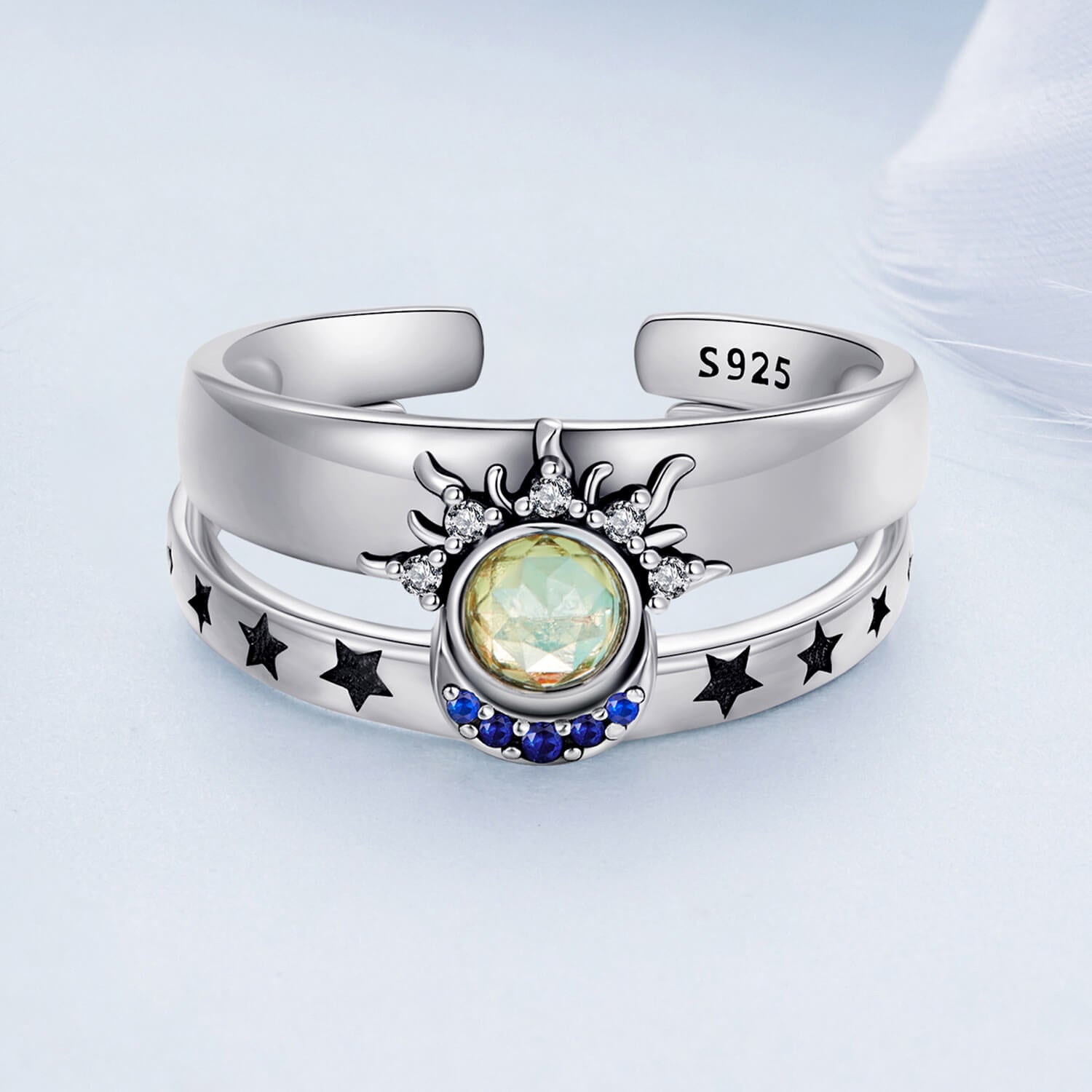 Sun and Moon Matching Gems Couple Rings Set in Sterling Silver front