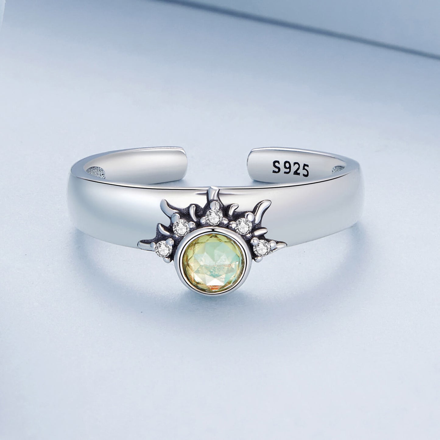 Sun and Moon Matching Gems Couple Rings Set in Sterling Silver sun front